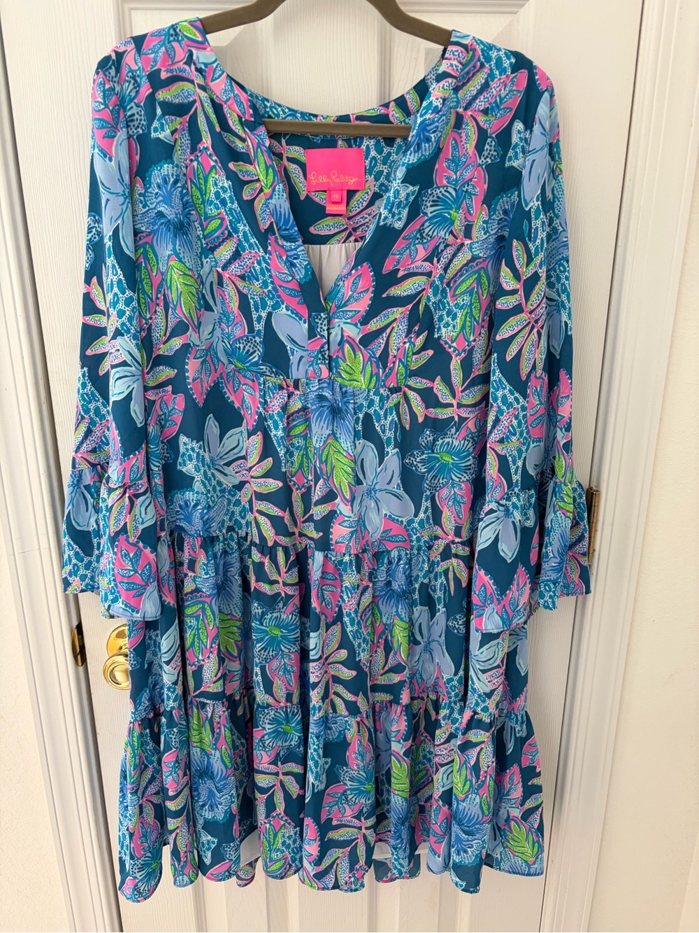Lilly Pulitzer Gabriel Teal Blue Tiered Mini Dress with Pink & Lime Floral Print